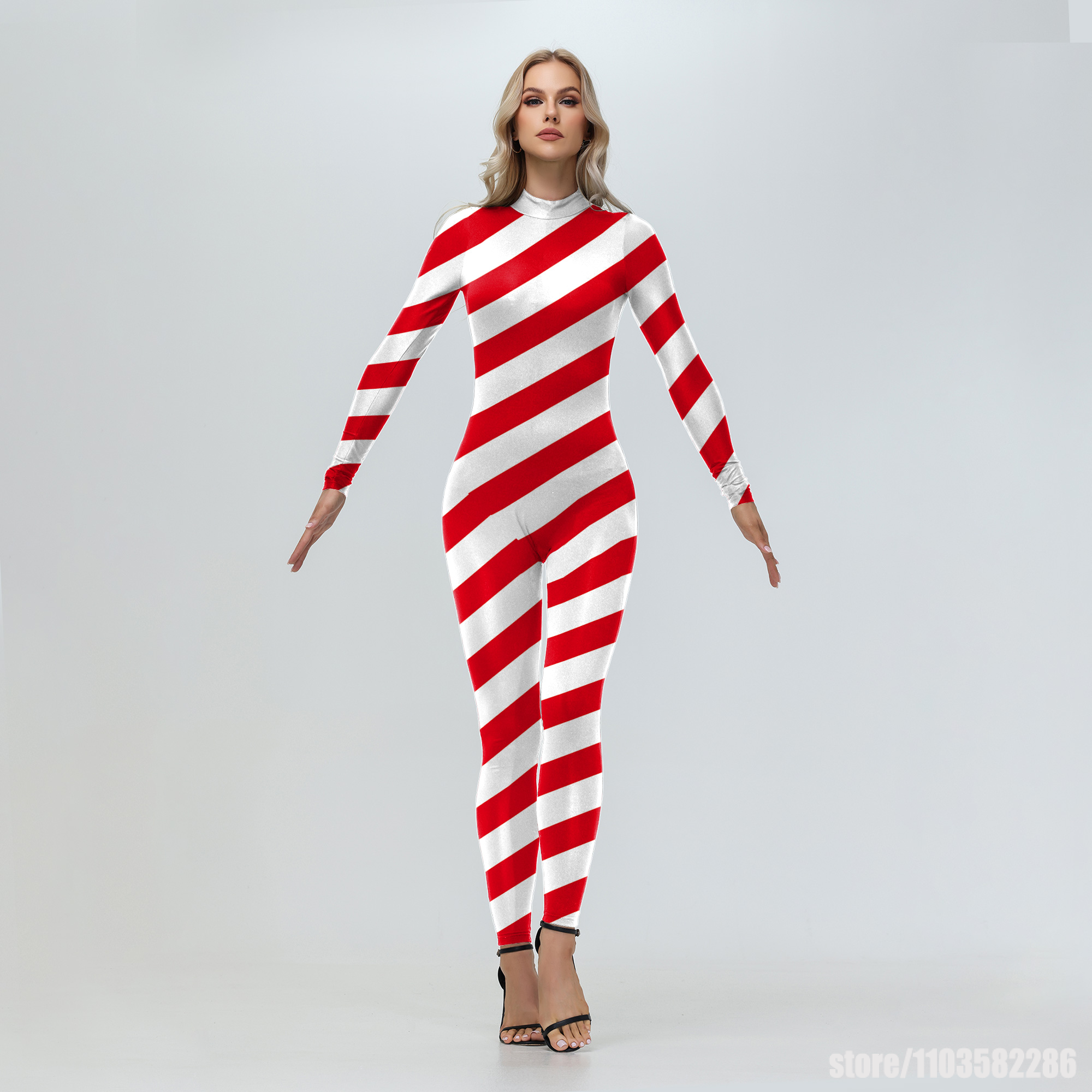 Women Candy Cane Jumpsuit Red  - 3D Printing Xmas 评论和价格